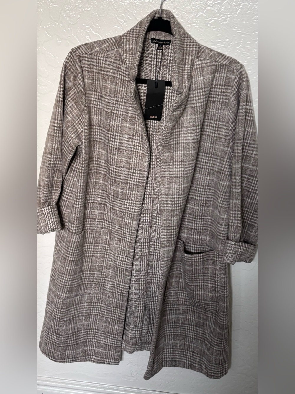 Shinestar Taupe Plaid Open-Front Trench Coat